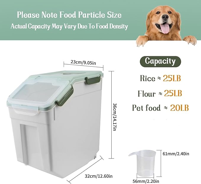 AnRui Large Flour Storage Containers 25Lbs Airtight Rice Storage Container BPA Free Kitchen Pantry Food Storage Bin Sugar Snack Cereal Grain Organizer Box with Wheel, Measuring Cup, 4Pack Green