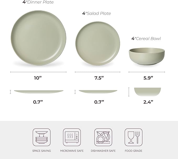 12-Piece Matte Green Dinnerware Set,Stoneware Dinnerware for 4, Microwave & Dishwasher Safe, Stackable Design for Kitchen and Dining - Plates and Bowls