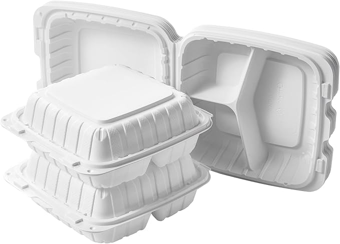 CIAO! 8"x8"x3" MFPP White Hinged Container With Lid 3 Compartment (Case of 200)
