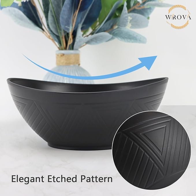 Wrova 65oz Big Wheat Straw Bowls - Large Salad Bowls set of 6 - Unbreakable Serving Bowls - Microwave & Dishwasher Safe - Oval Bowls for Cereal,Salad,Fruit - Pure Black