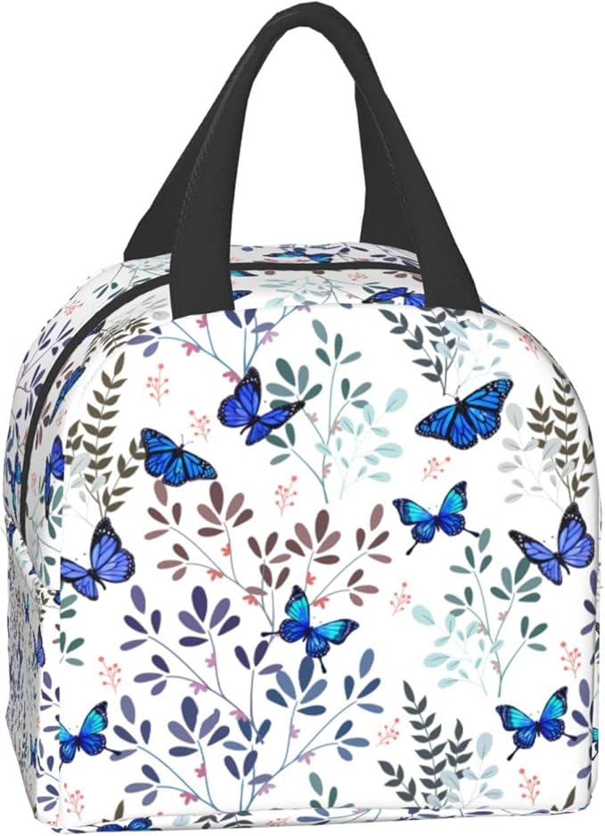 Butterfly Insulated Lunch Bag with Front Pocket,Reusable Cooler Tote with Zipper Use for Men & Women Camping/Hiking/Picnic/Beach/Travel