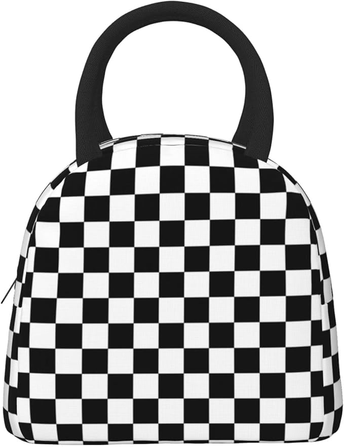 Aeoiba Black White Checkerboard Insulated Lunch Box Tote Bag Handbag lunchbox Food Container Gourmet Tote Cooler warm Pouch For School work Office