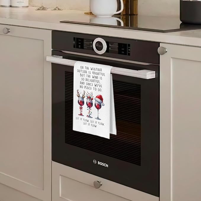 Christmas Wine Kitchen Towels - Christmas Bar Decor, Wine Lovers Decorative Waffle Dish Towels, Bartender Gifts for Women Hand Tea Towel, 16x24 Inches
