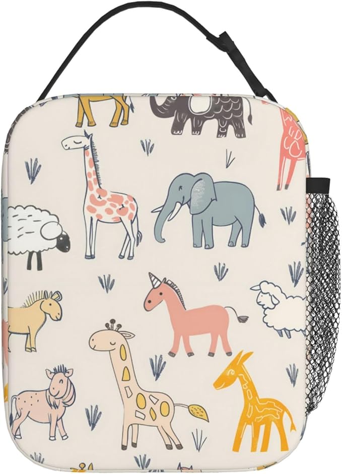 Animal Polyester Lunch Box for Kids Teen,Cute Reusable Thermal Lunch Bag for Adult Women,Colorful Insulated Tote Cooler Bags for School,Work,Picnic,Travel,Playful Safari Theme