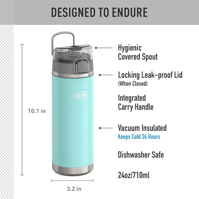 THERMOS ICON SERIES, Stainless Steel Water Bottle with Spout - 24 Ounce, Sea Green - Vacuum Insulated Water Bottle with Lid