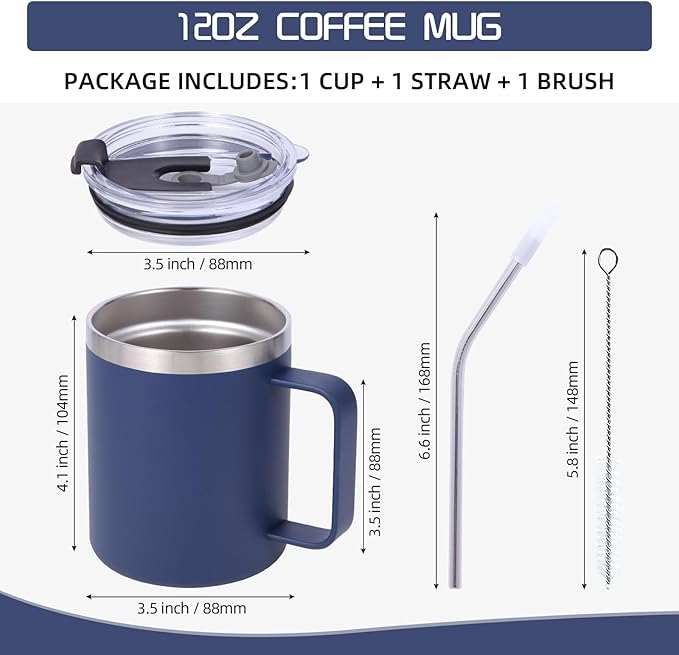 Volhoply 12oz Insulated Leakproof Coffee Mug with Flip & Straw Lid Bulk 2 Pack,Double Wall Vacuum Stainless Steel Travel Tumbler Cup with Handle,Reusable Camping Mugs Keep Cold/Hot(Navy,2 Set)