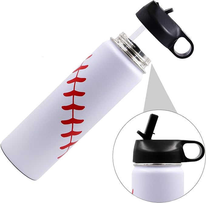 22 oz Baseball Water Bottle, Sports Flask Metal Thermo Travel Mug with 2 Lids, Stainless Steel Double Wall Vacuum Insulated Leak Proof Water Bottles, Baseball Accessories Gifts for Mom Men Boys Girls