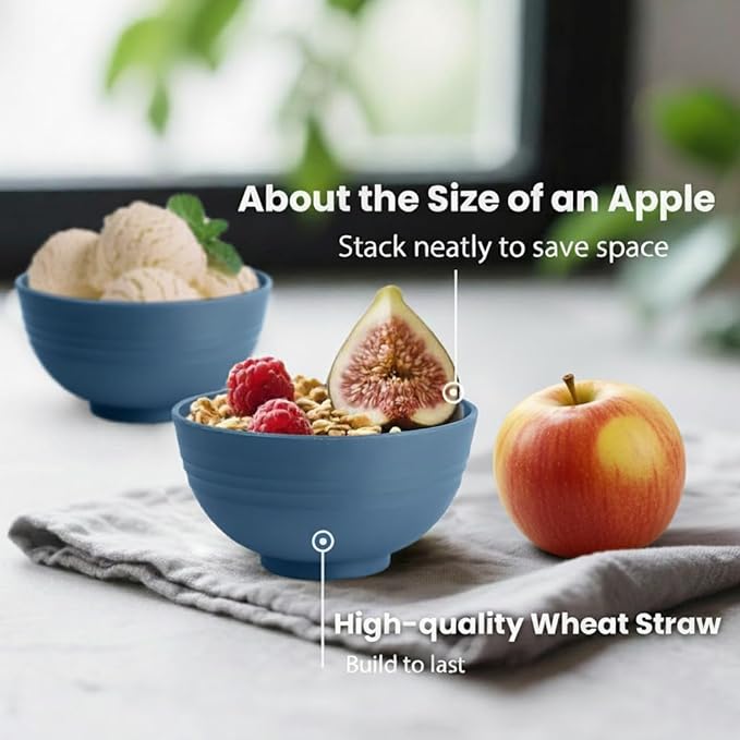 Wheat Straw Bowl 10 OZ - 5 Inch, Unbreakable Small Bowls Set of 8, Dessert Bowl for Kitchen, Camping, Party, Microwave and Dishwasher Safe Mini Bowls for Appetizer, Yogurt (Blue)