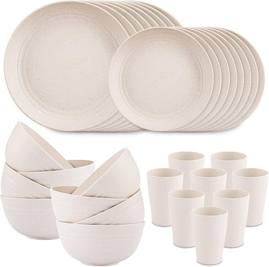 Supernal Wheat Straw Dinnerware Sets,Dish Sets for 8,Plates and Bowls Set Dishwasher Safe,Unbreakable Dinnerware,Reusable Tableware Set,Beige Color 16pcs Plates, 8pcs Bowls, 8pcs Cups.