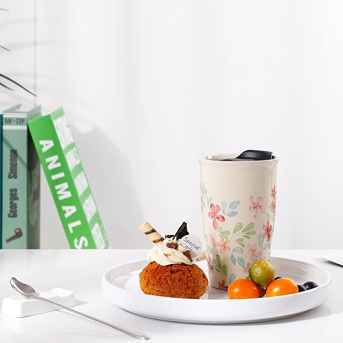 ANTIS'S HOME Ceramic Travel Mug with Lid, Flower Pattern Double Wall Coffee Mug Tumbler 10 oz, Reusable Tall Cup, Splash Resistant Lid, Dishwasher Microwaveable Safe