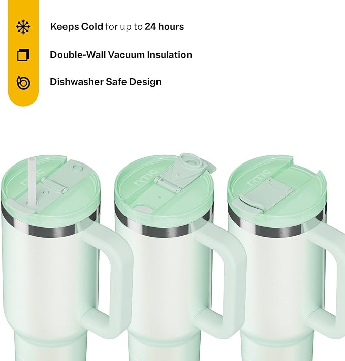 RTIC 40 oz Road Trip Tumbler Double-Walled Cermaic Lined Insulated Stainless Steel Portable Travel Coffee Mug Cup with Lid, Handle and Straw, Fresh Mint Glitter