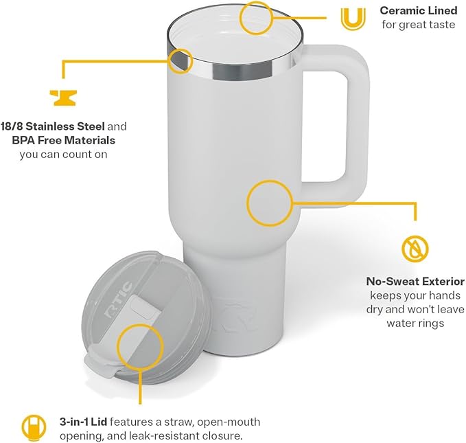 RTIC 40 oz Road Trip Tumbler Double-Walled Cermaic Lined Insulated Stainless Steel Portable Travel Coffee Mug Cup with Lid, Handle and Straw, Cool Grey