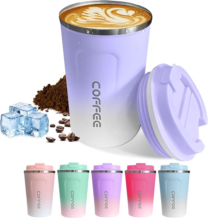 Travel coffee mugs leak-proof, reusable coffee cups with lids, stainless steel vacuum thermos coffee tumblers,thermal insulation cups for men and women hot & cold drinks (2nd-Purple White, 17OZ)
