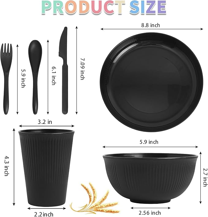 36 pcs Wheat Straw Dinnerware Sets, Unbreakable Reusable Dinnerware Set Kitchen Cups Plates and Bowls Sets, Dishwasher Microwave Safe Plates,Outdoor Camping Dishes (Black)