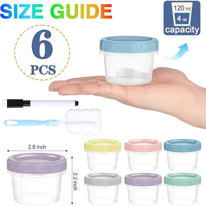 6pcs 4 oz Plastic Containers with Screw Lids, Reusable 1/2 Cup Small Food Storage Containers, Leakproof, Microwave Dishwasher Freezer Safe, with Pen and Brush
