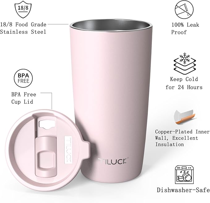 TILUCK 20 oz Tumbler with Leak-Proof Lid, Vacuum Insulated Stainless Steel Coffee Mug, Double-Walled Travel Tumbler for Hot and Cold Drinks(LightPink, 20oz)