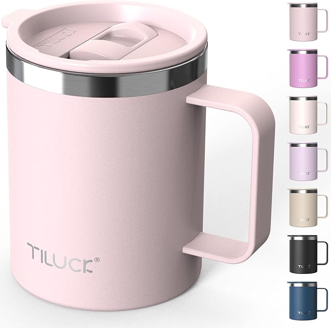 TILUCK 12 oz Insulated Coffee Mug with Lid, Leak-Proof Stainless Steel Travel Mug Cup with Handle for Hot or Cold Drinks(LightPink, 12oz)