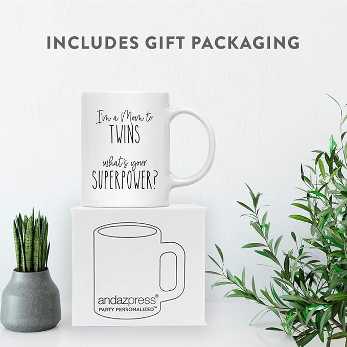 Andaz Press Mother's Day 11oz. Ceramic Coffee Tea Mug Gift For Mom, I'm A Mum To Twins, What's Your Superpower?, 1-Pack, Birthday Christmas Ideas Twin Mom Mug Cup
