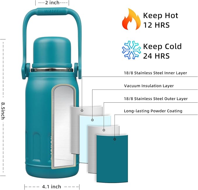 BJPKPK Insulated Water Bottle 27oz Stainless Steel Water Thermo with Handle and Cup Lid Travel Metal Thermal Flask,Laguna