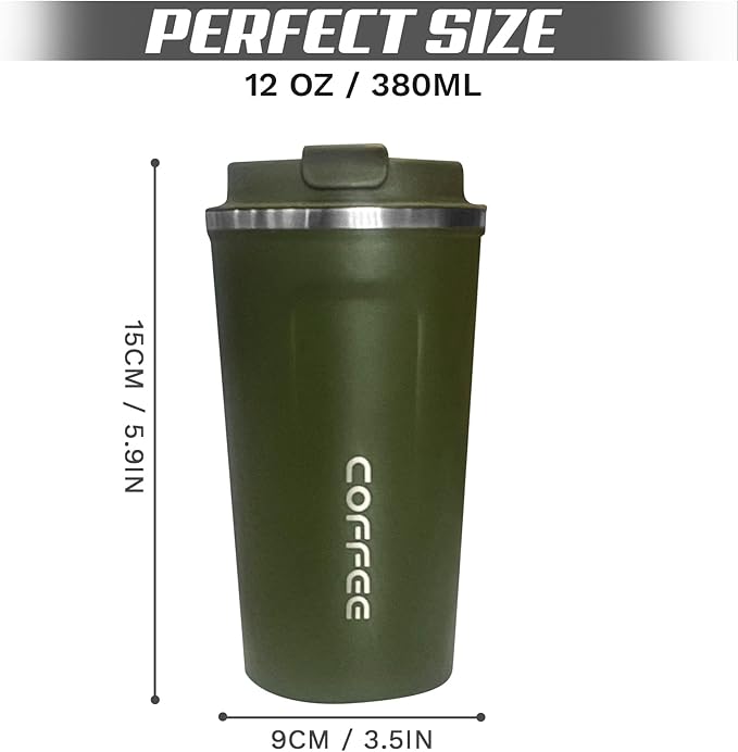 Travel coffee mugs leak-proof, reusable coffee cups with lids, stainless steel vacuum thermos coffee tumblers,thermal insulation cups for men and women hot & cold drinks(2nd-Green, 12OZ)