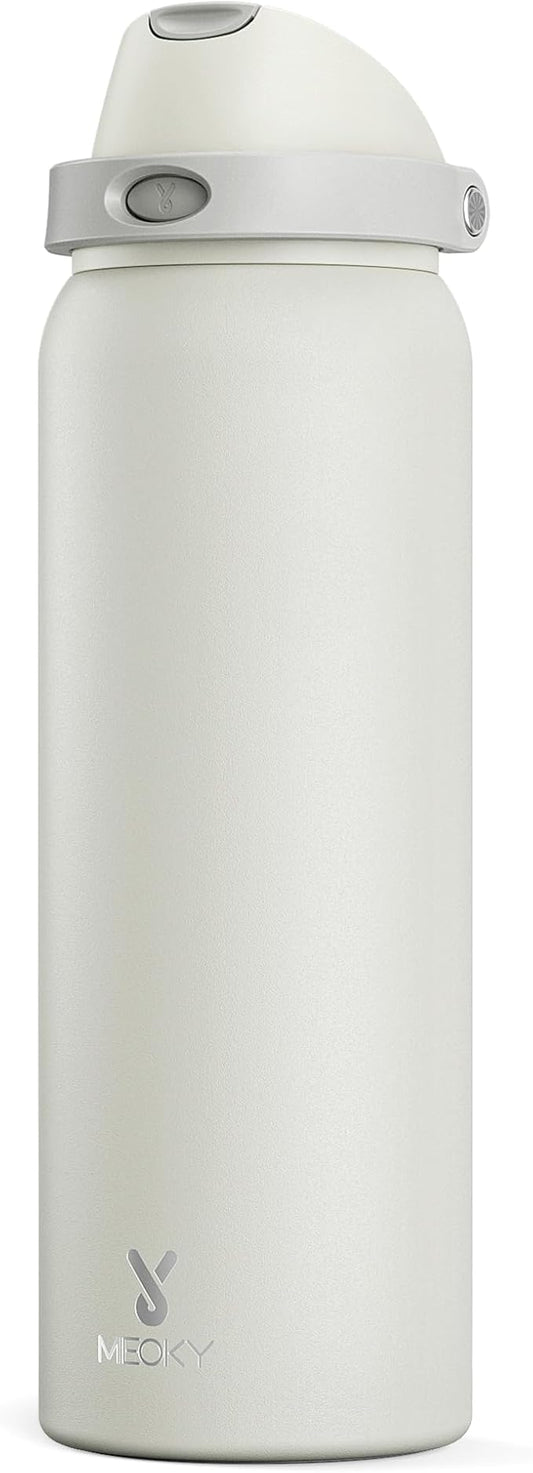 40 oz Insulated Water Bottle with Straw: Meoky Stainless Steel Metal Water Bottle with 2-in-1 Lid - Leak Proof, Cold for 24 Hours, Protective Silicone Base, BPA-Free for Sports Gym, Ivory