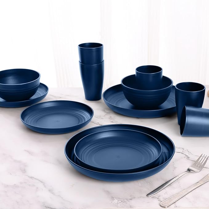 Blue Dinnerware Sets for 8,Blue Plates and Bowls Sets Plastic,Wheat Straw Dinnerware Sets Unbreakable Microwave Safe Lightweight,32 Pcs Dishes Set for 4th of july Apartment Essentials Dorm