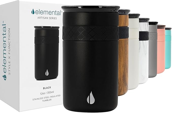 Elemental Artisan Insulated Tumbler, Triple Wall Coffee Travel Mug, Reusable Stainless Steel Coffee Tumbler with Ceramic Lid, Thermal Coffee Cups for Hot (6 Hrs) & Cold (18 Hrs), 12oz - Black