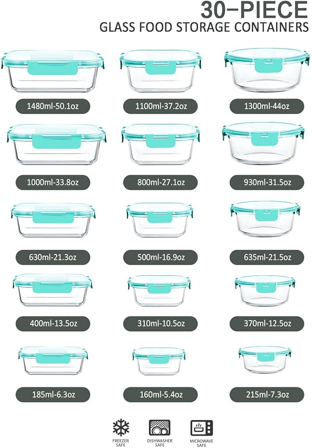 30 Pieces Glass Food Storage Containers with Upgraded Snap Locking Lids,Glass Meal Prep Containers Set - Airtight Lunch Containers, Microwave, Oven, Freezer and Dishwasher Friendly (Green)