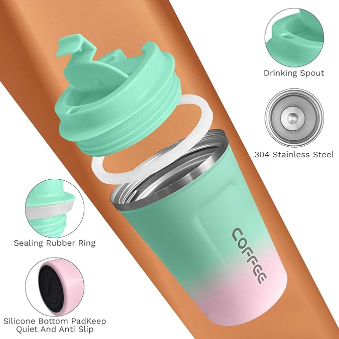 Travel coffee mugs leak-proof, reusable coffee cups with lids, stainless steel vacuum thermos coffe tumblers,thermal insulation cups for men and women hot & cold drinks (2nd-Green Pink, 17OZ)