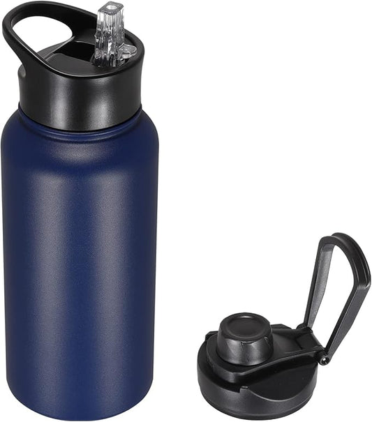 32 oz Insulated Water Bottle with Straw Lid & Wide Mouth Lids, Stainless Steel Sports Water Bottles, Double Walled Vacuum, Leak Proof, Blue