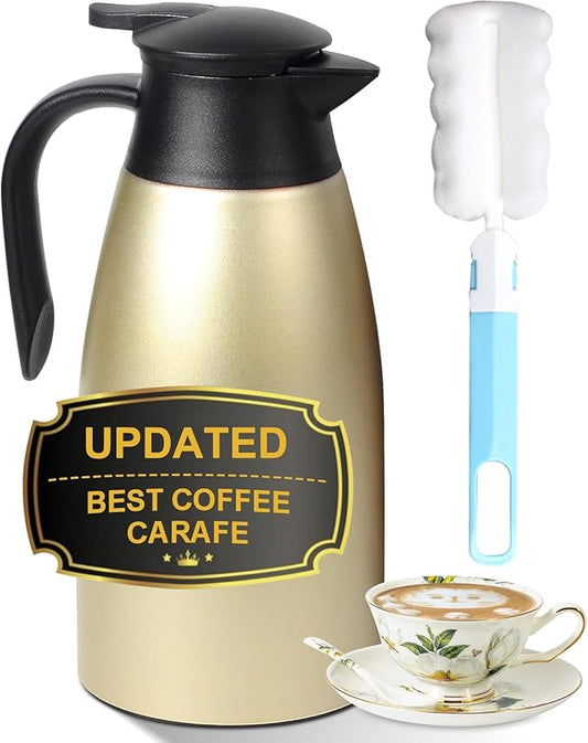 Updated 70 Oz Thermal Coffee Carafe, 2.1L nsulated Stainless Steel Coffee Carafes for Keeping Hot Coffee & Tea Hot Beverage-12Hours, Double Walled Vacuum Coffee Carafe (Gold)