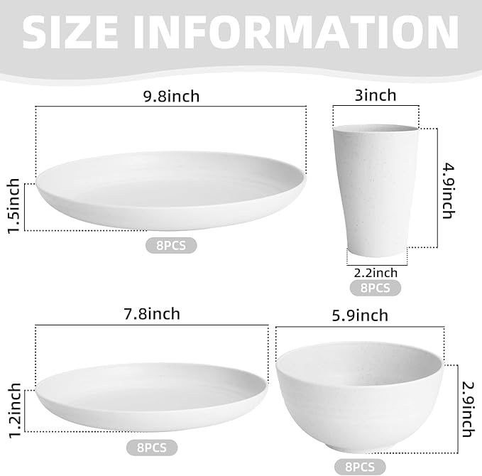 White Plate Set Dishes Set for 8 includes Dinner Plates,Pasta Bowls,Soup Bowls and Drinking Cups,Unbreakable White Dining Dishware Sets Microwave Dishwasher Safe For Kitchen Dorm Office Outdoor,32PCS