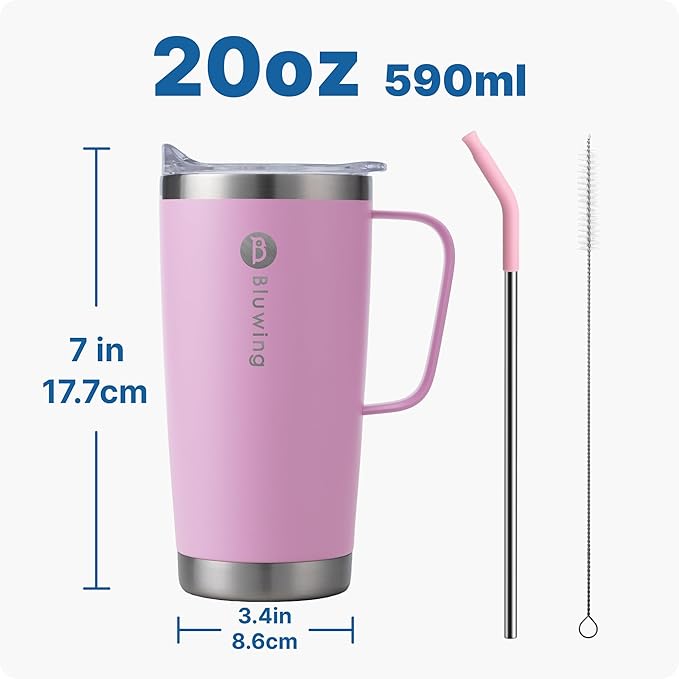 20 oz Insulated Tumbler with Handle Stainless Steel Travel Coffee Mug with Lid and Straw, Double Wall Tumbler Cups for Women and Men, BPA Free (Purple Pink)
