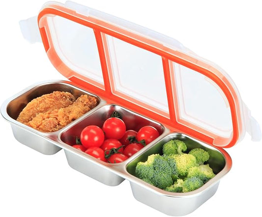 Stainless Steel Snack Containers, 3-Compartment Metal Snackle Box for Kids & Adults, Clear Reusable Condiment Box with Lids, Divided Food Storage Container for School, Work, Home & Travel