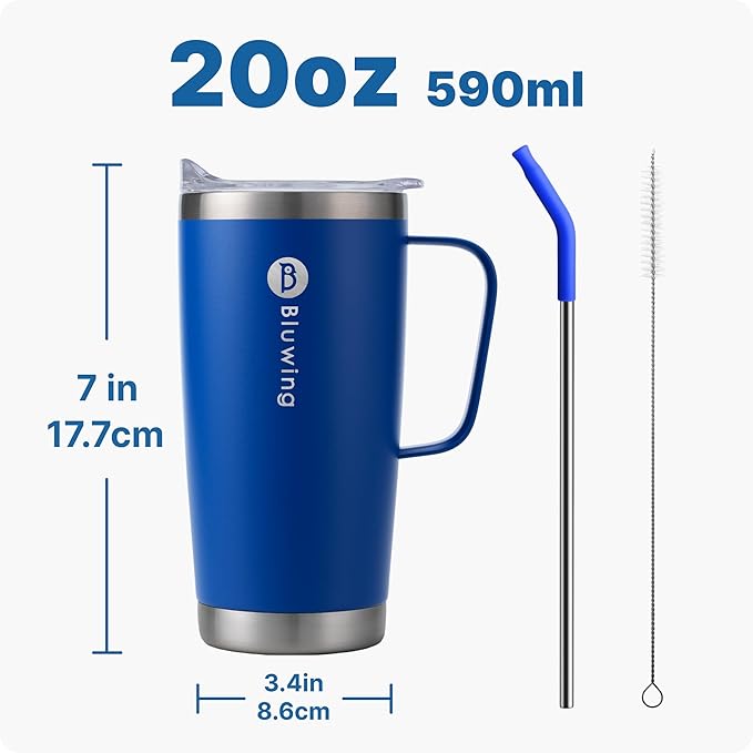20 oz Insulated Tumbler with Handle Stainless Steel Travel Coffee Mug with Lid and Straw, Double Wall Tumbler Cups for Women and Men, BPA Free (Navy)
