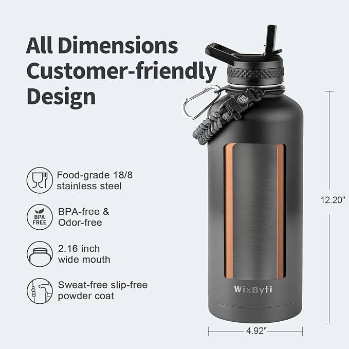 87 oz Insulated Water Bottle with Straw (Cold for 48 Hrs), Half Gallon Stainless Steel Triple Wall Vacuum Sports Water Jug, Leakproof Hydro Cup Flask with Straw Spout Lids & DIY Stickers