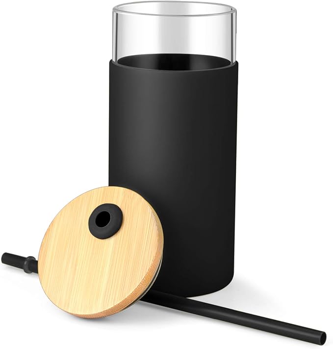 Tronco 20 oz Glass Tumbler with Lid and Straw, Iced Coffee Cup and Smoothie Cup with Bamboo Lids & Protective Silicone Sleeve, Dishwasher Safe, BPA-Free, Glass Cup 2 Pack