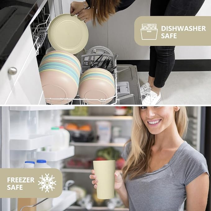 Teivio 32-Piece Kitchen Plastic Wheat Straw Dinnerware Set, Service for 8, Dinner Plates, Dessert Plate, Cereal Bowls, Cups, Unbreakable Colorful Plastic Outdoor Camping Dishes, Pink