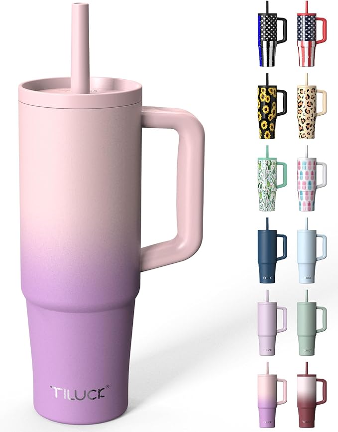 TILUCK 30 oz Tumbler with Handle, Vacuum Insulated Stainless Steel Travel Mug with 100% Leak-Proof Silicone Straw Lid, Cupholder Friendly Water Bottle(PinkPurpleGradient, 30oz)