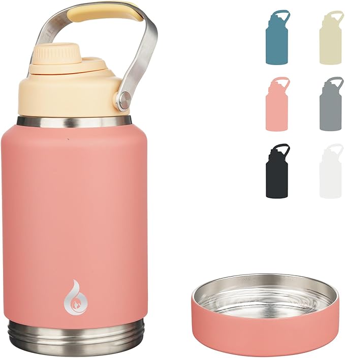 BJPKPK 64oz Insulated Water Bottles, Dishwasher Safe Half gallon Water Bottle with Metal Handle, BPA Free Spout Lid & Detachable Bowl, Large Stainless Steel Jugs, Pink