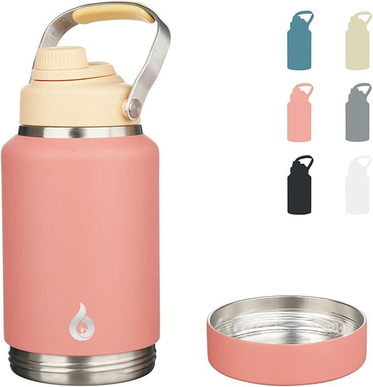 BJPKPK 64oz Insulated Water Bottles, Dishwasher Safe Half gallon Water Bottle with Metal Handle, BPA Free Spout Lid & Detachable Bowl, Large Stainless Steel Jugs, Pink