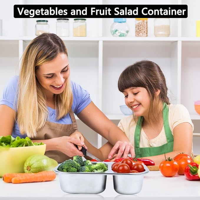 Stainless Steel Snack Box Containers, Reusable 2 Compartment Condiment Box with Lids, Food Container Sauce Cups, Divided Food Storage Containers for Home and Travel (Black)