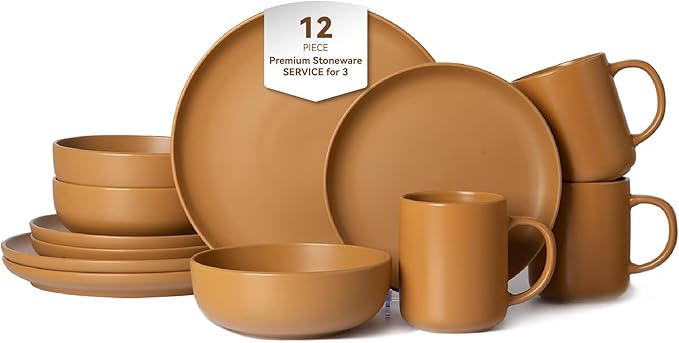 12-Piece Matte Orange Dinnerware Set,Stoneware Dinnerware for 3, Microwave & Dishwasher Safe, Stackable Design for Kitchen and Dining - Plates,Bowls and Mugs