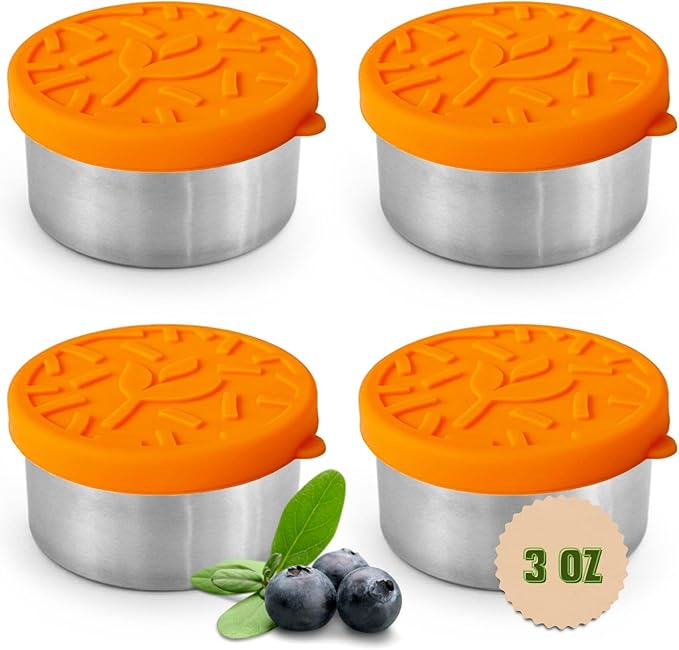 TAVVA 4 X 3 oz Food Storage Containers with Lids - Leakproof w/Silicone Lids - BPA Free - Dishwasher & Freezer Safe - Portable & Reusable - Small Stainless Steel Snack Cups Dressing Containers
