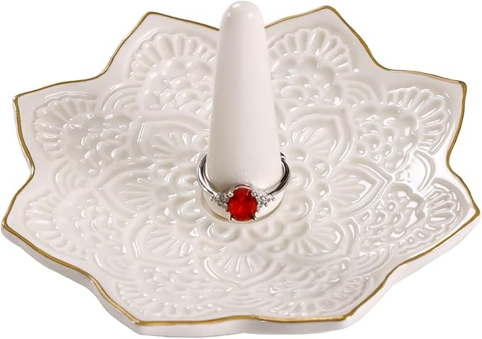Ceramic Mandala Ring Holder, Decorative Jewelry Dish, Trinket Tray Room Decor, Engagement Wedding Birthday Gifts for Women (white)