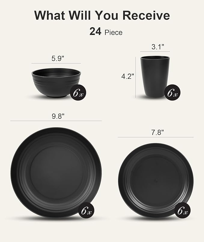Quatish 24 Piece Plates and Bowls Sets for 6, Unbreakable Dinnerware Sets, Plastic Dish Set for Camping, Dishwasher Microwave Safe, Outdoor Kitchen and Apartment Dinning RV Essentials, Black