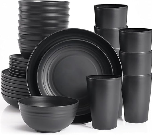 Black Plates and Bowls Sets for 8,Wheat Straw Dinnerware Sets Black Plastic Reusable Dishwasher Safe for Kitchen Halloween Camping,32 Pcs Lightweight Unbreakable Plastic Dishes Set Outdoor