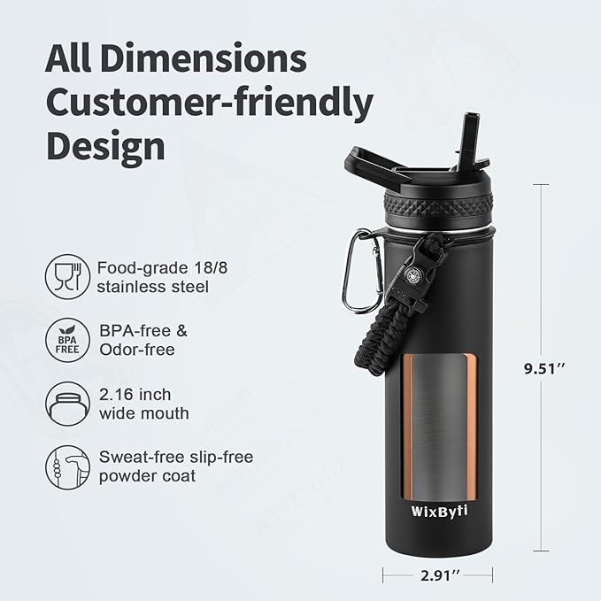 20 oz Insulated Water Bottle with Straw (Cold for 48 Hrs), Stainless Steel Triple Wall Vacuum Sports Water Jug, Leakproof Hydro Cup Flask with Paracord Handle & Straw Spout Lids & DIY Stickers