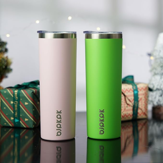 BJPKPK 20 oz Skinny Tumbler with Lid 2 Pack Slim Insulated Travel Coffee Cup Stainless Steel Thermal Mug,Green,Light Pink (Pack of 12)