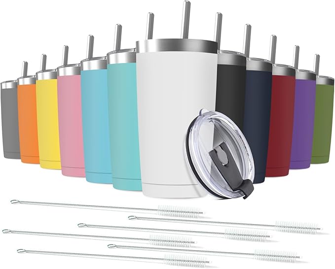12 pack 20 oz Stainless Steel Insulated Tumbler with Straw and Lid, Double Wall Travel Coffee Mug Vacuum Insulated Bulk Tumbler, Suitable for Vehicle Cup Holders （Assorted Colors）